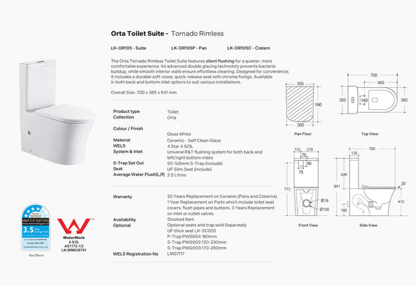 Orta Tornado Rimless Toilet Suite
