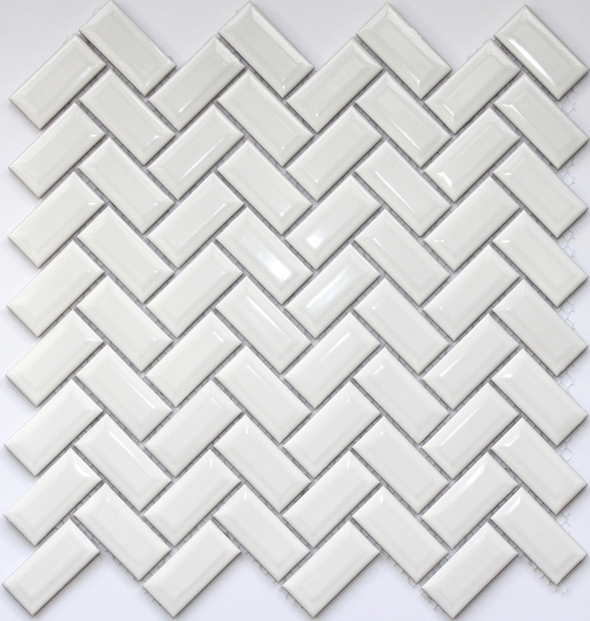 Gloss White Bevelled Herringbone Mosaic Tile 23x48mm