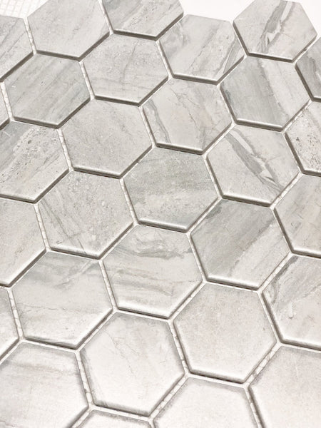 Wooden Grey Matt Hexagon Mosaic Tile 51x59mm